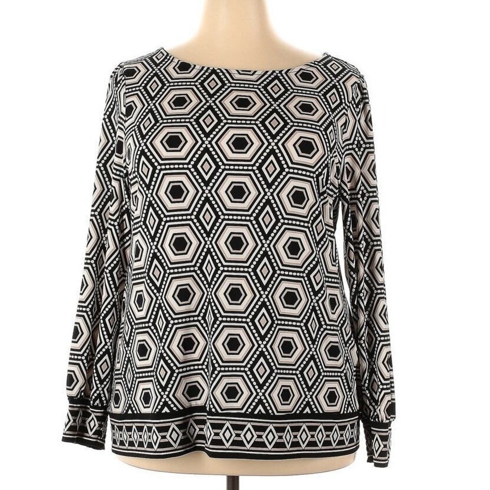 Alfani Womens Geometric Long Sleeve Tunic Top Black White‎ Tan Size M
